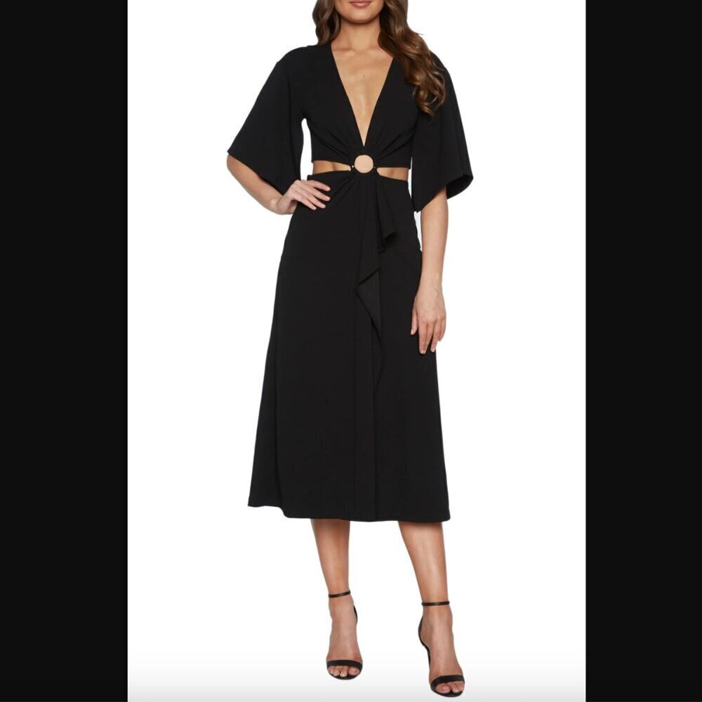 Bardot Black Teri Ring Midriff Midi Cocktail Dress 12 NWT